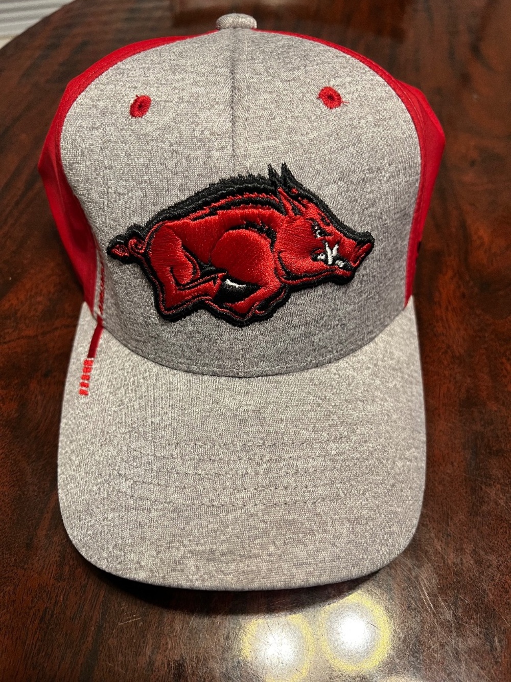Zephyr gray and red baseball hat with razorback embroidered on front